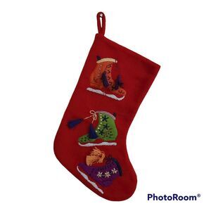 Red Felt Christmas Stocking With Embroidered and Appliqued Ice Skates and Tassel